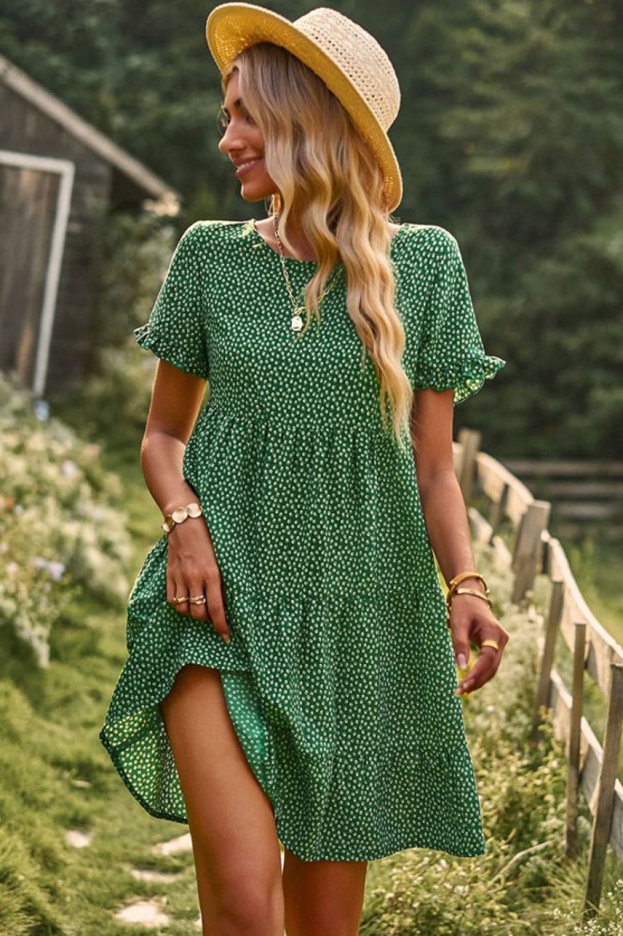 Women Beachsissi Printed Dress | Floral Print Short Sleeve Mini Dress Green