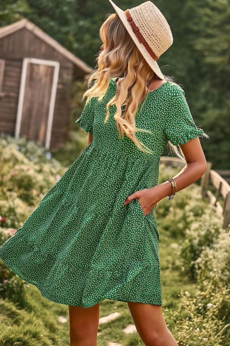 Women Beachsissi Printed Dress | Floral Print Short Sleeve Mini Dress Green