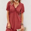 Women Beachsissi Casual Dress | Solid Color V Neck High Waist Casual Dress Firebrick