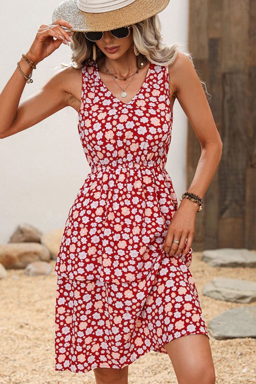 Women Beachsissi Printed Dress | Floral Print Sleeveless Ruffled Dress Red