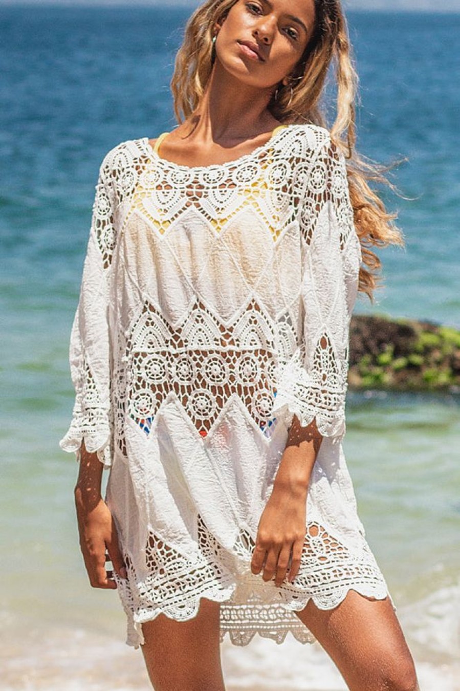 Women Beachsissi Cover Ups | Round Neck Ethnic Swimwear Cover Ups White