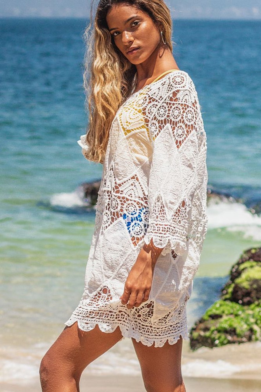 Women Beachsissi Cover Ups | Round Neck Ethnic Swimwear Cover Ups White