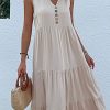 Women Beachsissi Solid Dress | Solid Color V Neck Sleeveless Casual Dress Blanchedalmond