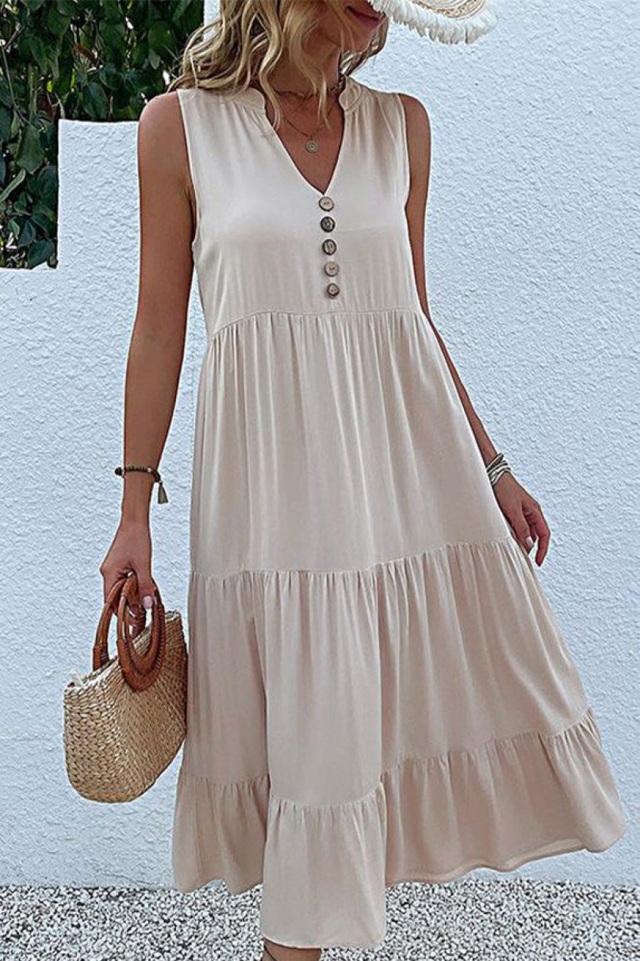 Women Beachsissi Solid Dress | Solid Color V Neck Sleeveless Casual Dress Blanchedalmond