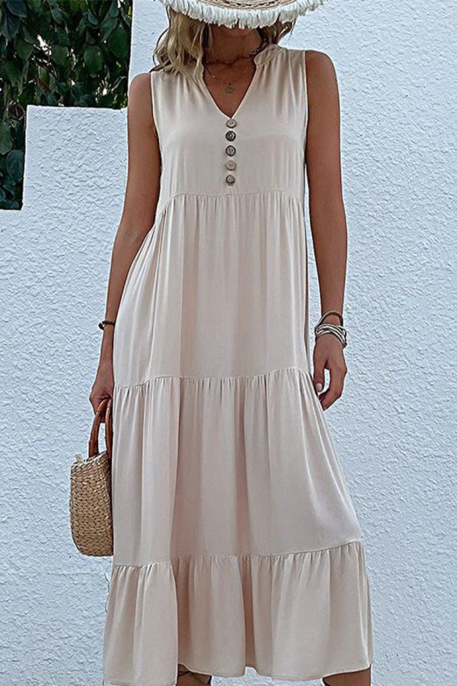 Women Beachsissi Solid Dress | Solid Color V Neck Sleeveless Casual Dress Blanchedalmond