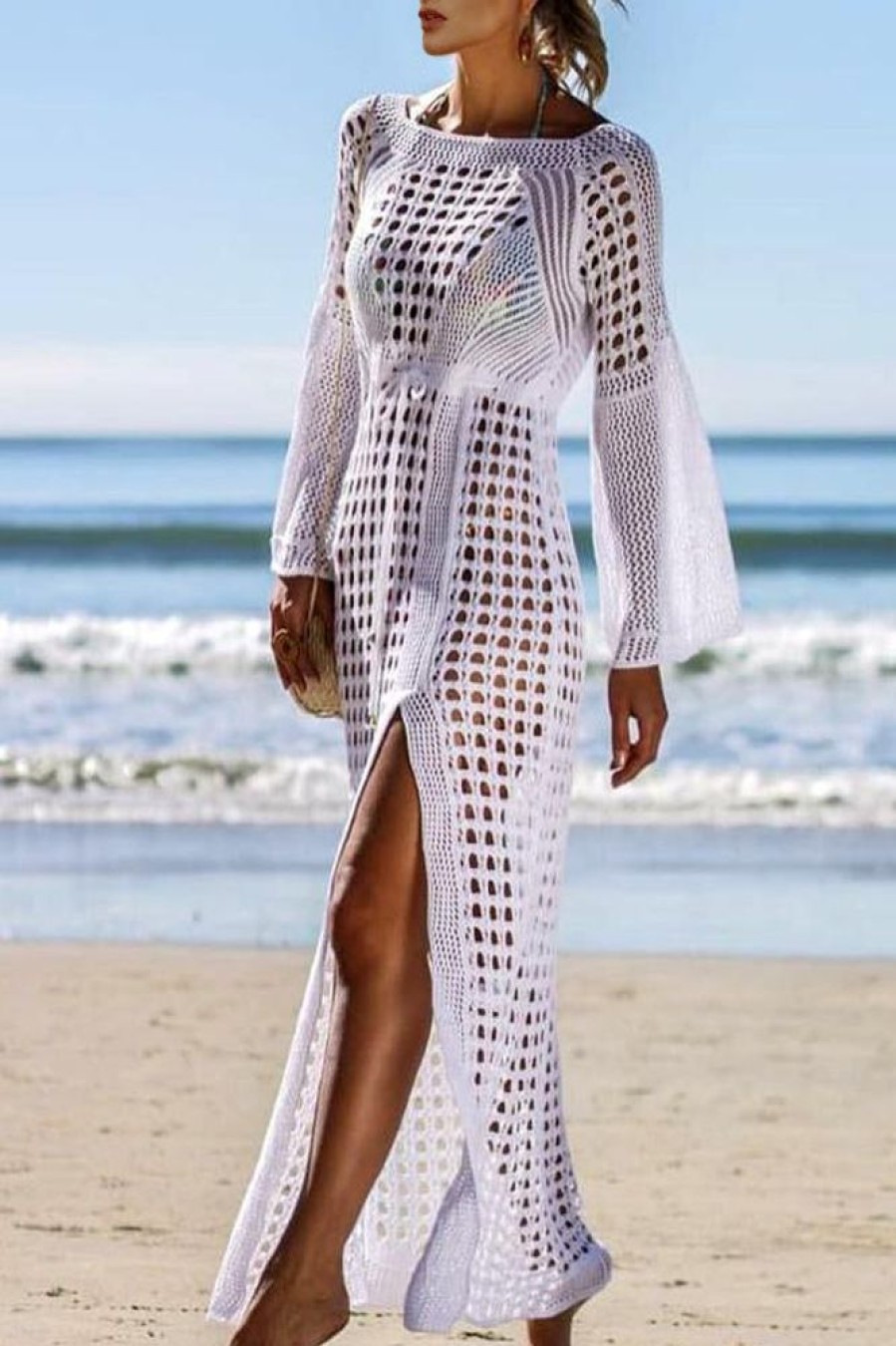 Women Beachsissi Cover Ups | Flare Sleeve Knitted Swimsuit Cover Up White