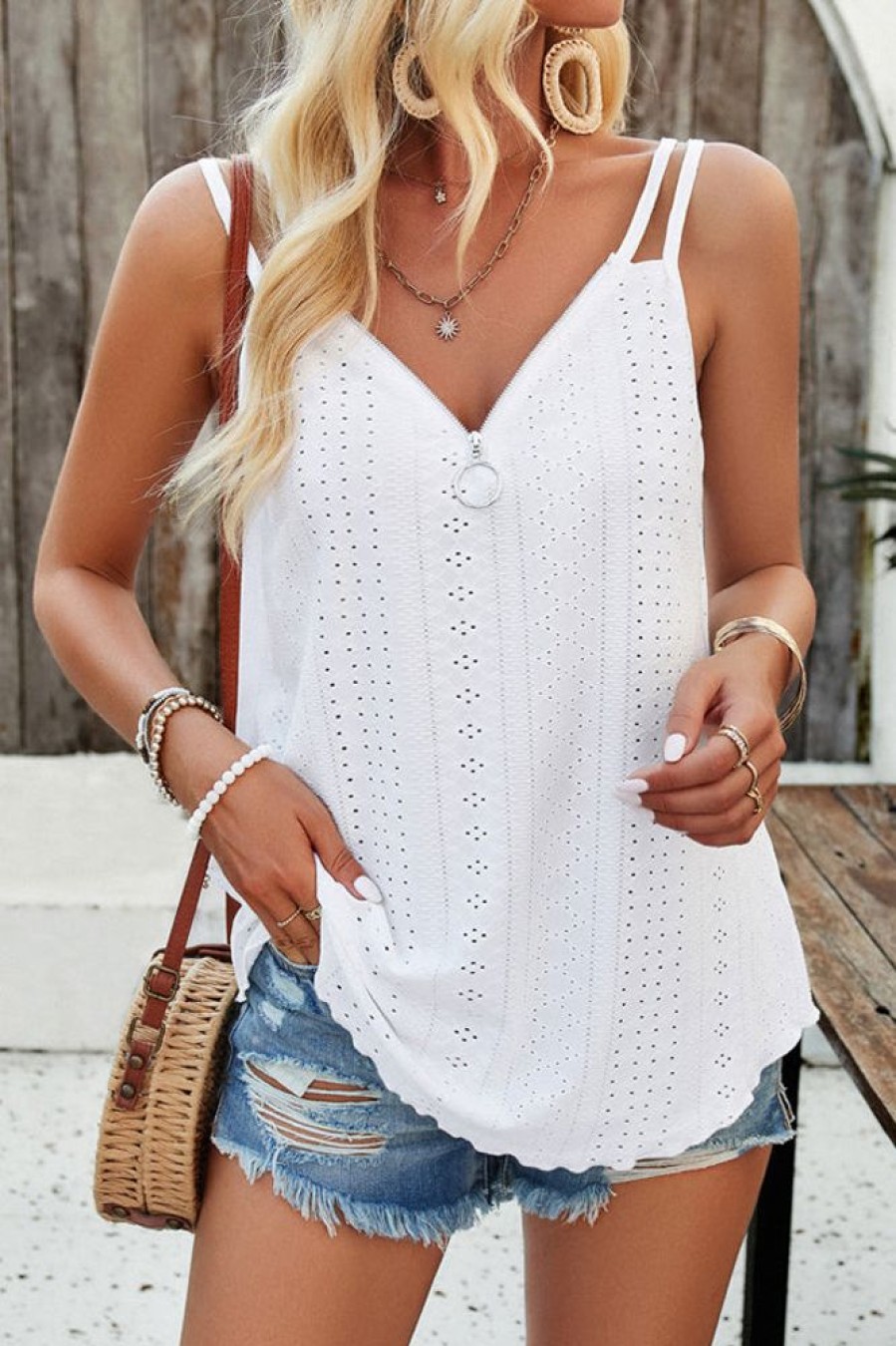 Women Beachsissi | Double Straps V Neck Hollow Casual Tops White