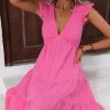 Women Beachsissi Solid Dress | V Neck Solid Smocked Ruffle Hem Mini Dress Hotpink