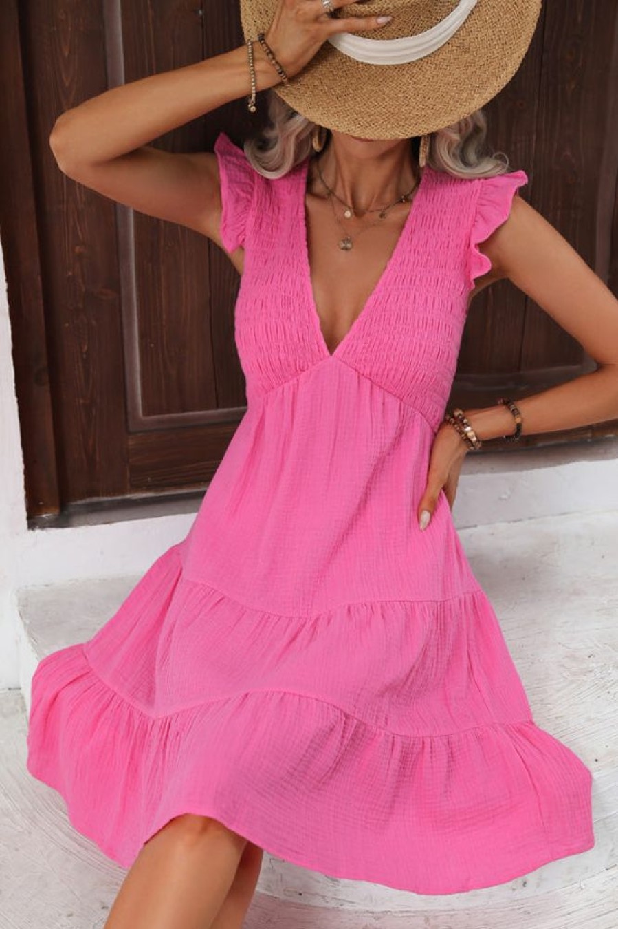 Women Beachsissi Solid Dress | V Neck Solid Smocked Ruffle Hem Mini Dress Hotpink