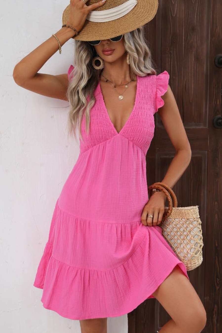 Women Beachsissi Solid Dress | V Neck Solid Smocked Ruffle Hem Mini Dress Hotpink