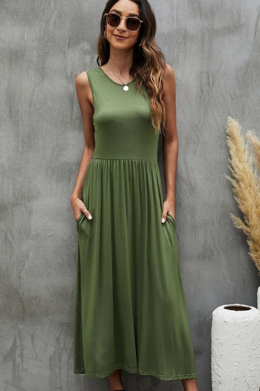 Women Beachsissi Casual Dress | Fashion Solid Color Sleeveless Casual Dress Darkolivegreen