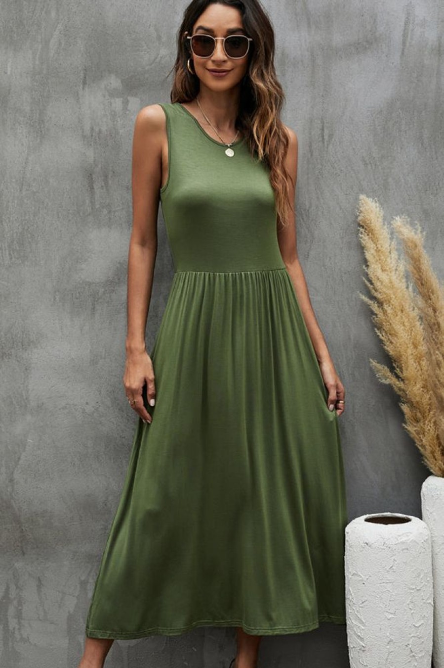 Women Beachsissi Casual Dress | Fashion Solid Color Sleeveless Casual Dress Darkolivegreen