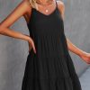 Women Beachsissi Solid Dress | Fashion Solid Color Ruffle Hem Mini Dress Black