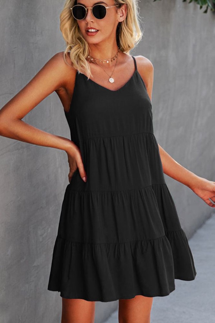 Women Beachsissi Solid Dress | Fashion Solid Color Ruffle Hem Mini Dress Black