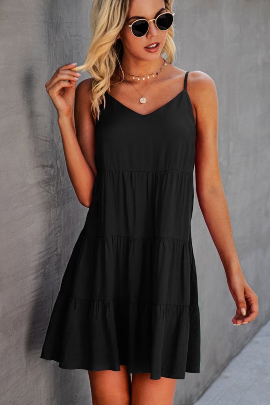 Women Beachsissi Solid Dress | Fashion Solid Color Ruffle Hem Mini Dress Black