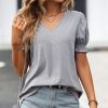 Women Beachsissi | V Neck Puff Sleeve Solid Casual Tops Gray