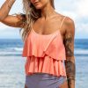 Women Beachsissi Tankini | Stripe Print Ruffled High Waist Tankini Set Salmon