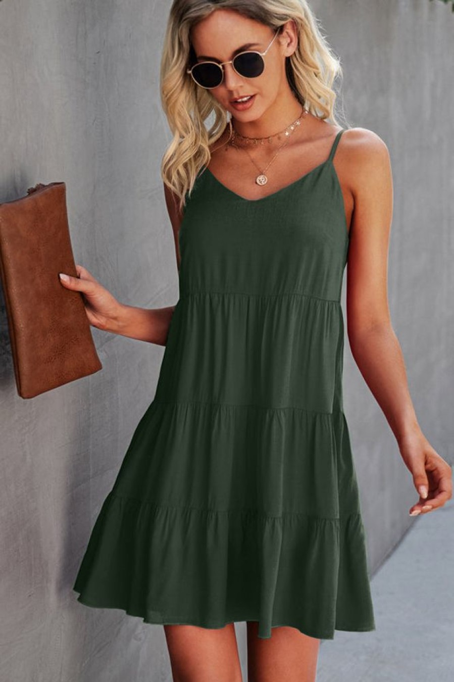 Women Beachsissi Solid Dress | Fashion Solid Color Ruffle Hem Mini Dress Darkolivegreen