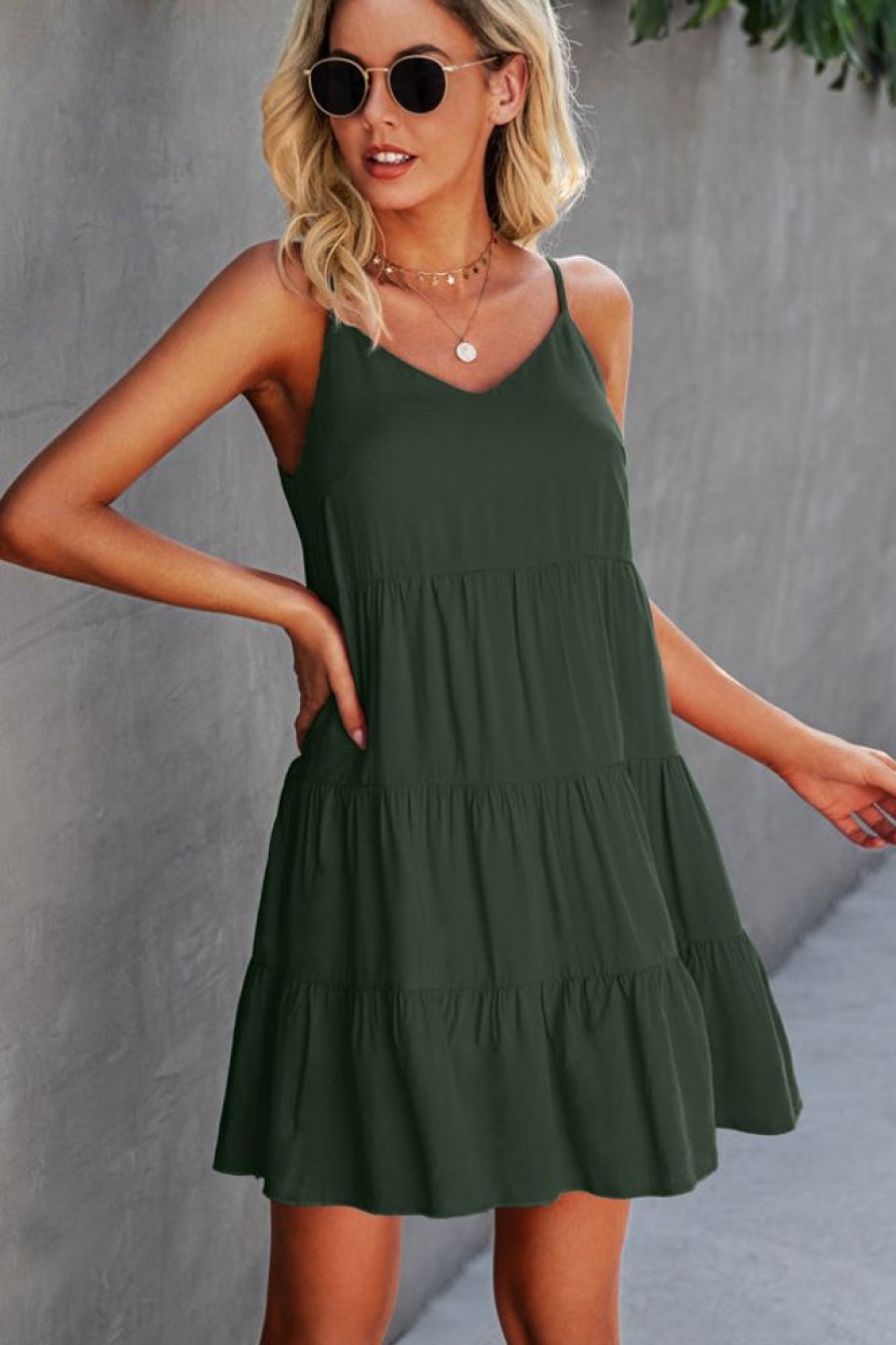 Women Beachsissi Solid Dress | Fashion Solid Color Ruffle Hem Mini Dress Darkolivegreen