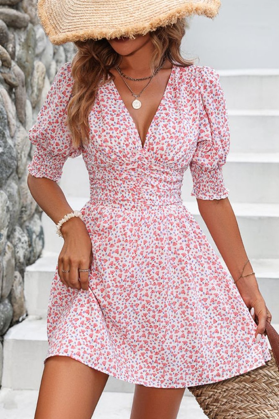 Women Beachsissi Printed Dress | Smocked And Puff Sleeve Floral Print Mini Dress Lightpink