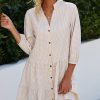 Women Beachsissi Printed Dress | Split Neck Plaid Print Button Up Tunic Dress Khaki