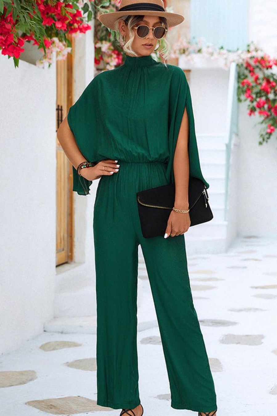 Women Beachsissi | Pleated Solid Color High Waist Jumpsuit Green