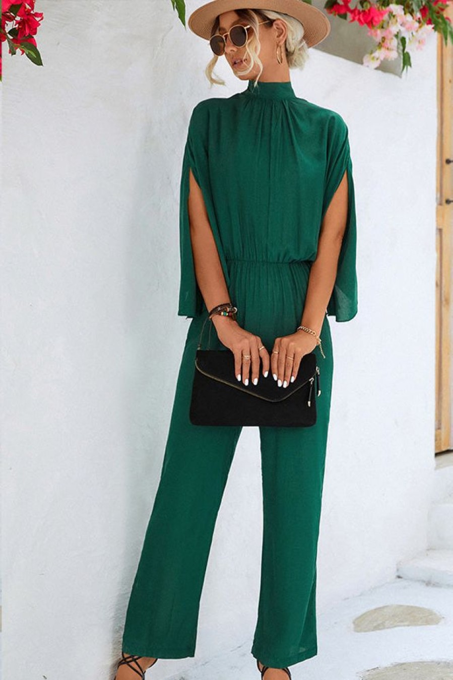 Women Beachsissi | Pleated Solid Color High Waist Jumpsuit Green