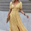 Women Beachsissi Printed Dress | V Neck Smocked Chest Floral Print Maxi Dress Yellow