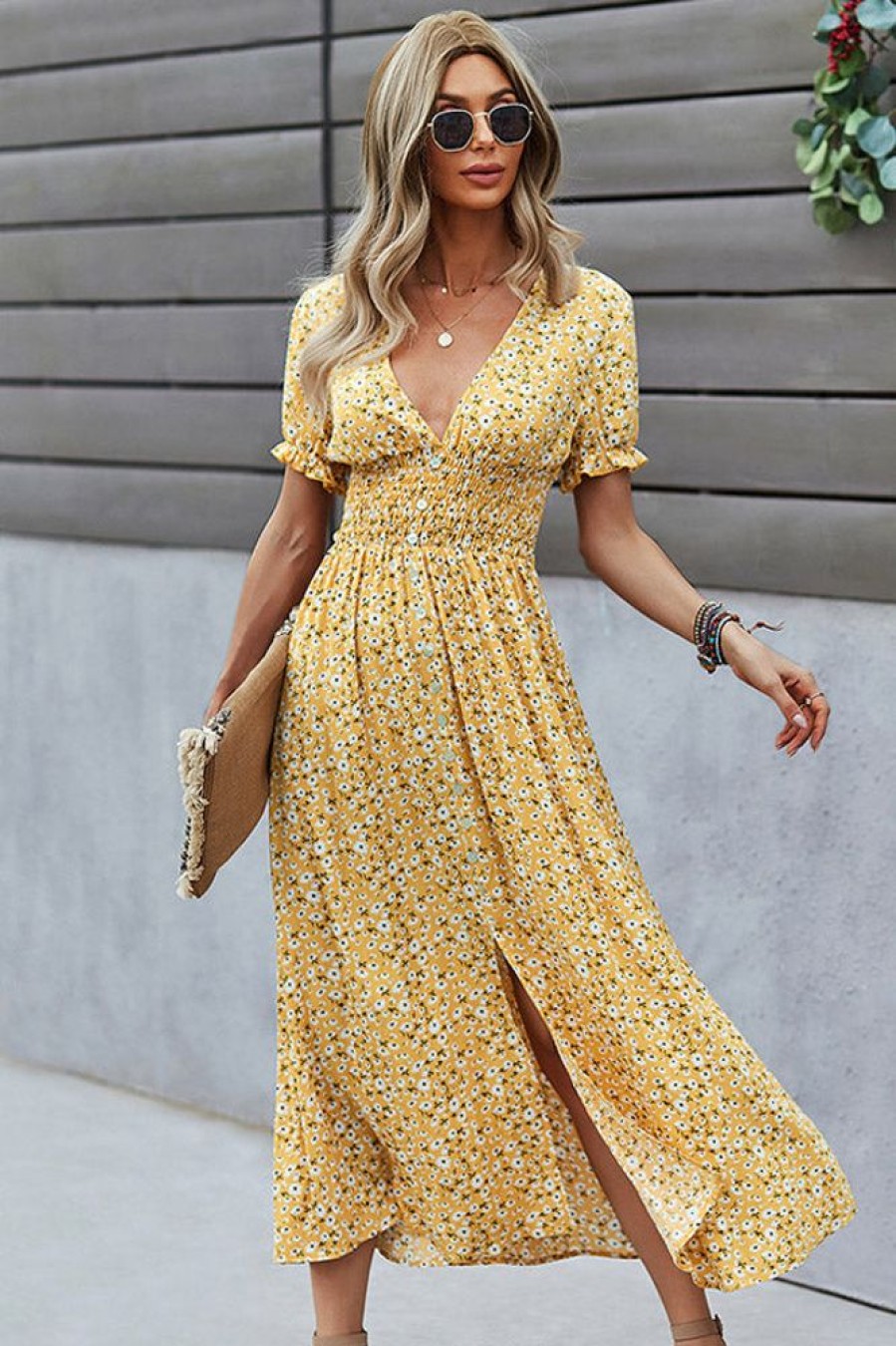 Women Beachsissi Printed Dress | V Neck Smocked Chest Floral Print Maxi Dress Yellow