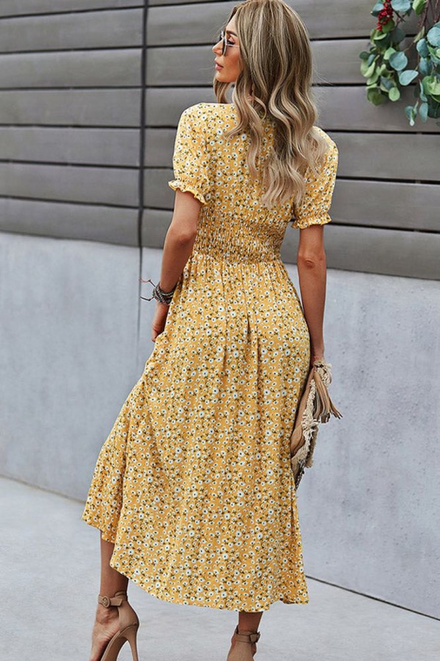 Women Beachsissi Printed Dress | V Neck Smocked Chest Floral Print Maxi Dress Yellow