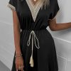 Women Beachsissi Solid Dress | Lace Patchwork V Neck Solid Casual Dress Black