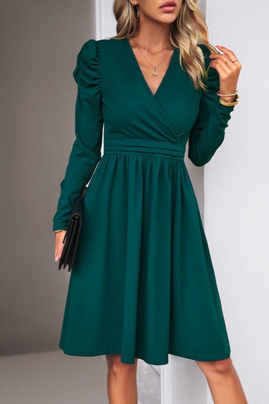 Women Beachsissi Solid Dress | Solid Long Sleeve Ruched Bodycon Dress Darkgreen