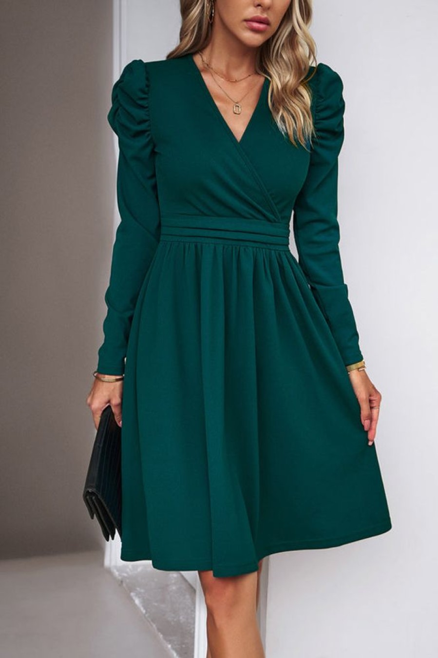 Women Beachsissi Solid Dress | Solid Long Sleeve Ruched Bodycon Dress Darkgreen