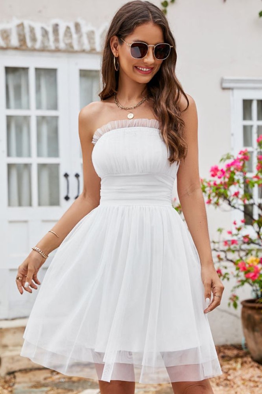 Women Beachsissi Solid Dress | Cute Princess Bandeau Solid Mini Dress White