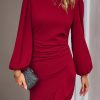 Women Beachsissi Solid Dress | Puff Sleeve Round Neck Solid Ruffle Hem Bodycon Dress Darkred