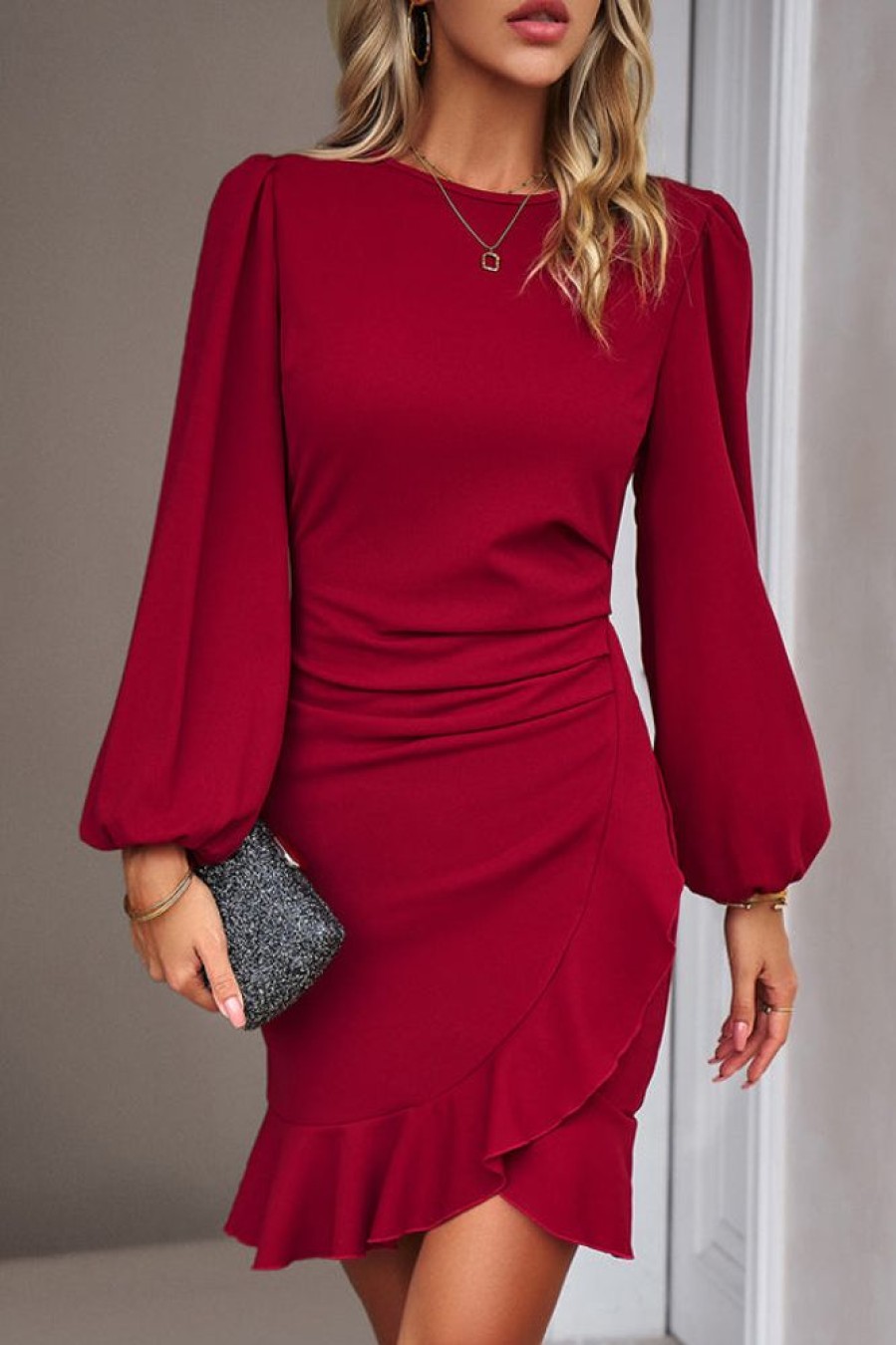 Women Beachsissi Solid Dress | Puff Sleeve Round Neck Solid Ruffle Hem Bodycon Dress Darkred