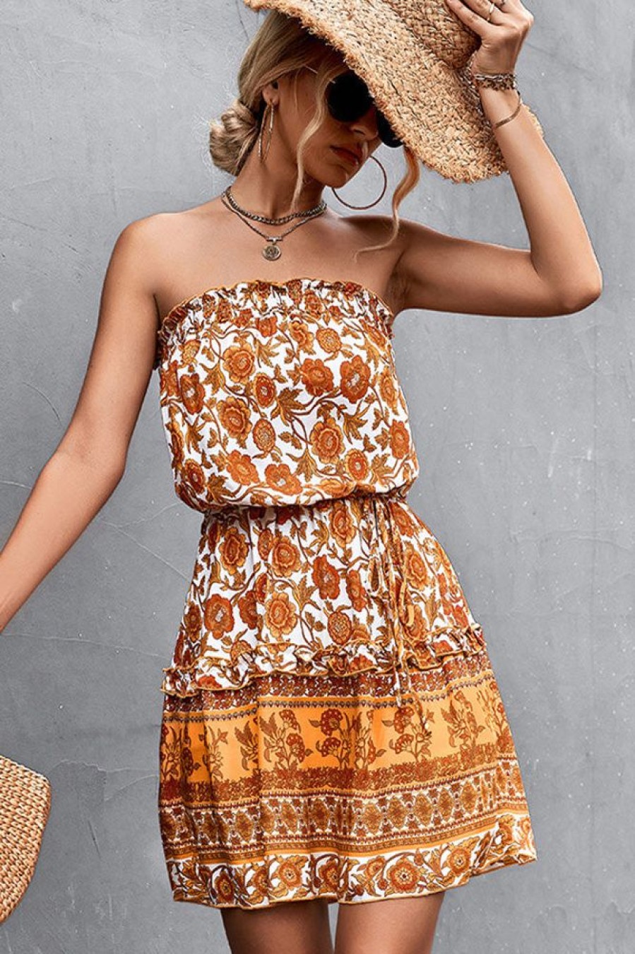 Women Beachsissi Printed Dress | Bohemian Floral Print Smocked Mini Dress Darkorange