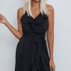 Women Beachsissi Solid Dress | Ruffle Hem Solid Tie Waist Mini Dress Black