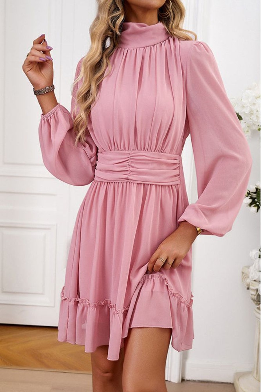 Women Beachsissi Casual Dress | Solid Color Long Sleeve Casual Dress Palevioletred