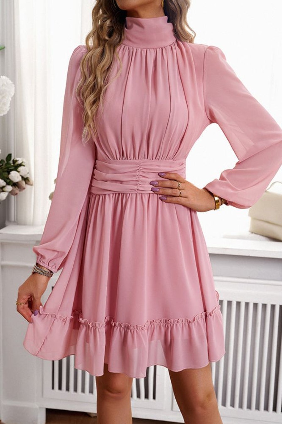 Women Beachsissi Casual Dress | Solid Color Long Sleeve Casual Dress Palevioletred