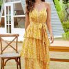 Women Beachsissi Printed Dress | Ruffled Floral Print Tie Waist Midi Dress Yellow