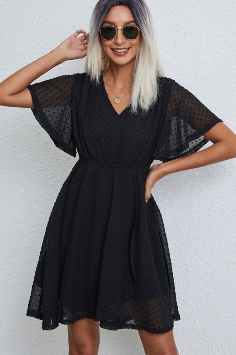 Women Beachsissi Solid Dress | Solid Color V Neck Casual Mini Dress Black