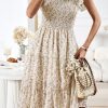 Women Beachsissi Casual Dress | Floral Print Smocked Round Neck Casual Dress Papayawhip