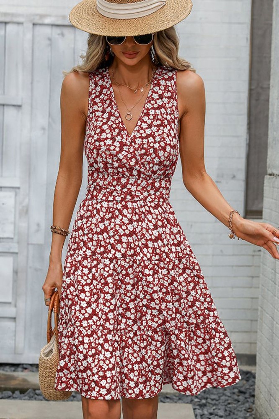 Women Beachsissi Printed Dress | Fashion V Neck Floral Print Tie Waist Dress Darkred