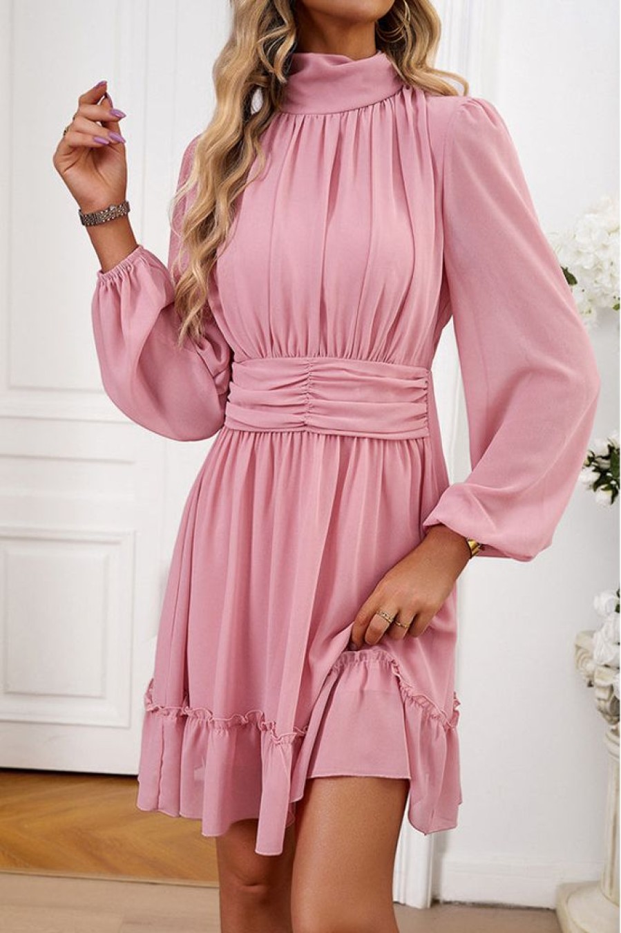 Women Beachsissi Solid Dress | Solid Color Long Sleeve Casual Dress Palevioletred