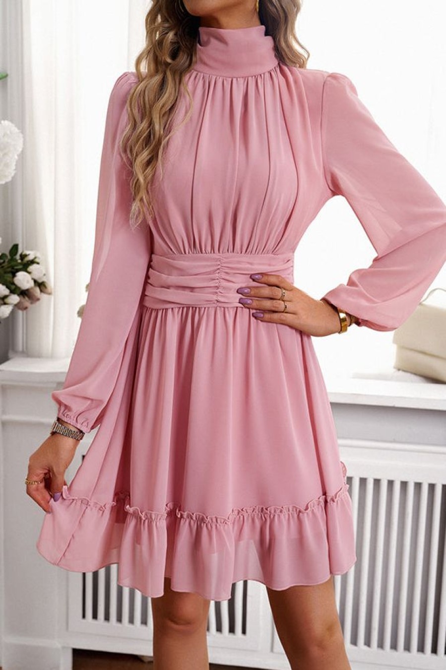 Women Beachsissi Solid Dress | Solid Color Long Sleeve Casual Dress Palevioletred