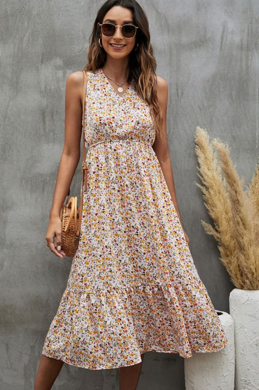 Women Beachsissi Printed Dress | Floral Print V Neck Ruffle Hem Sleeveless Dress White