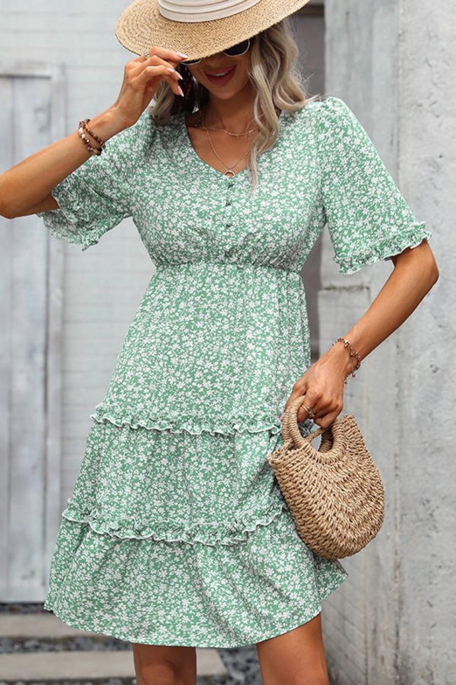 Women Beachsissi Printed Dress | Floral Print Frill V Neck Casual Dress Mediumaquamarine