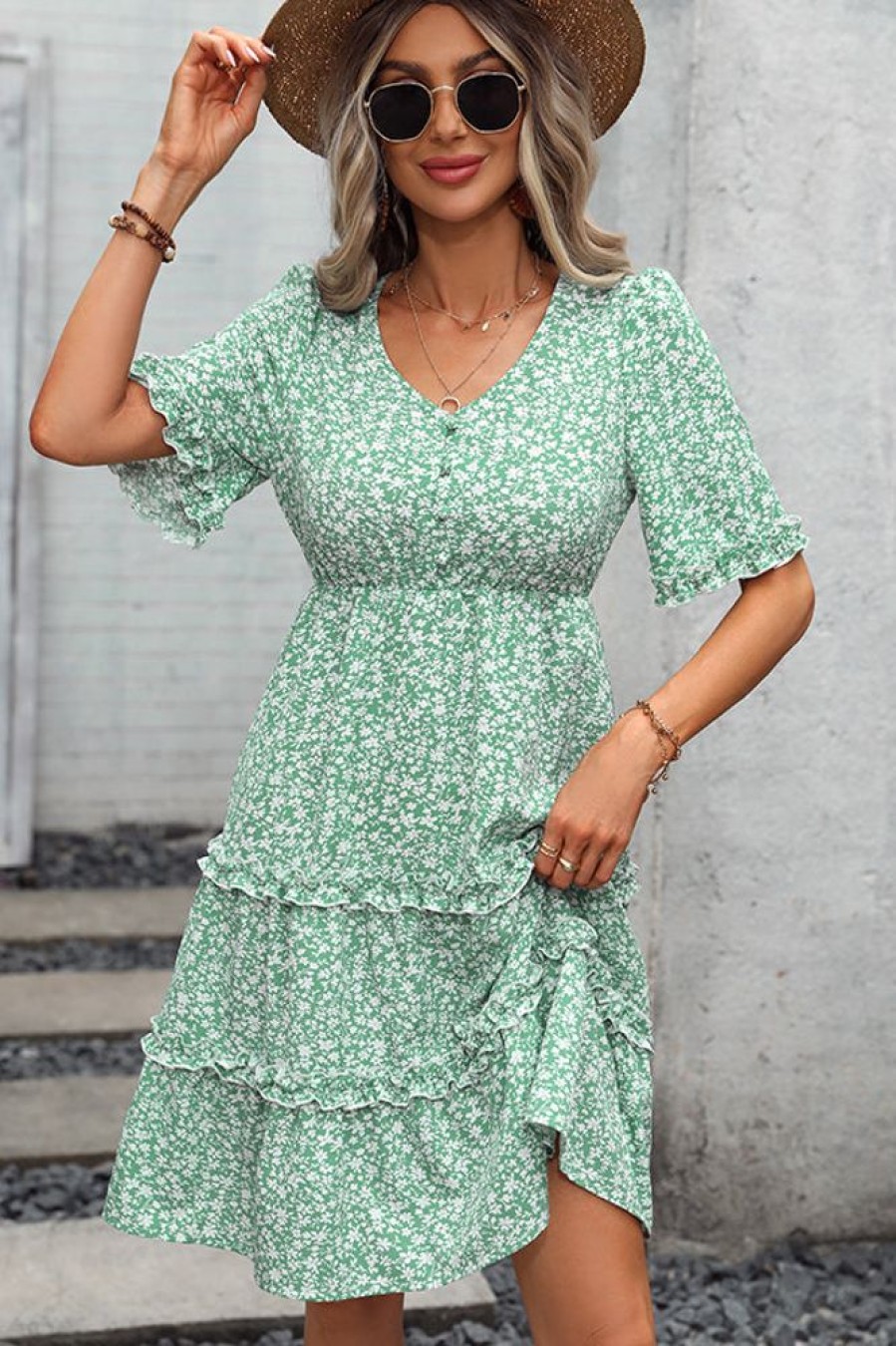 Women Beachsissi Printed Dress | Floral Print Frill V Neck Casual Dress Mediumaquamarine