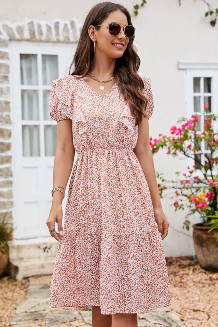 Women Beachsissi Printed Dress | Ruffled Floral Print Short Sleeves Midi Dress Salmon